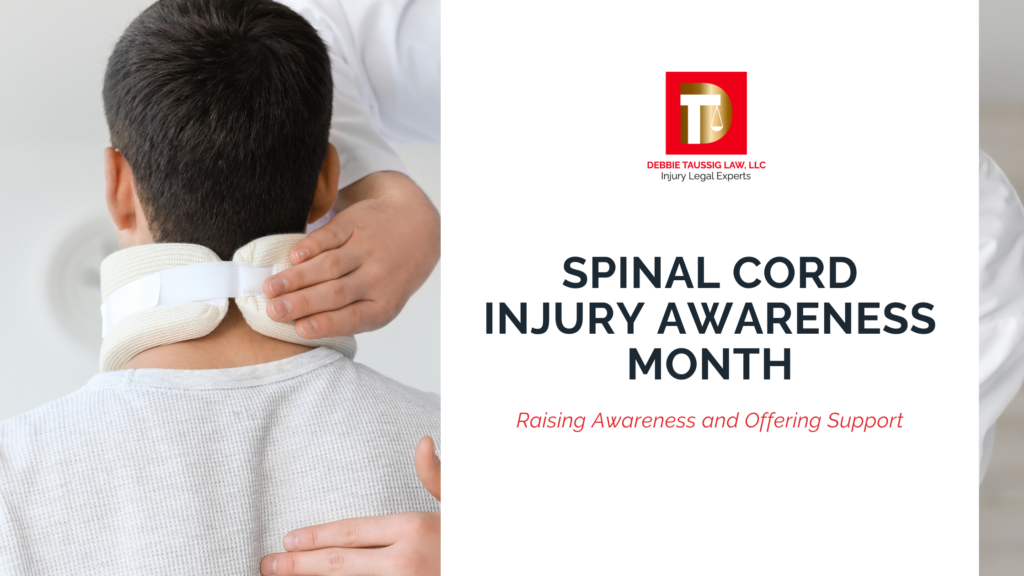 A doctor adjusts a neck brace on a person recovering from a spinal cord injury. The image highlights Spinal Cord Injury Awareness Month.