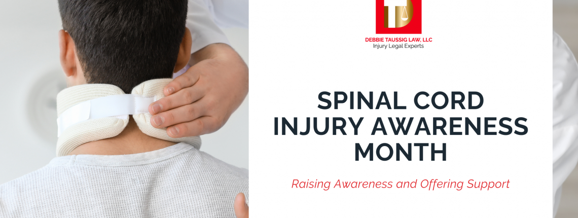 A doctor adjusts a neck brace on a person recovering from a spinal cord injury. The image highlights Spinal Cord Injury Awareness Month.